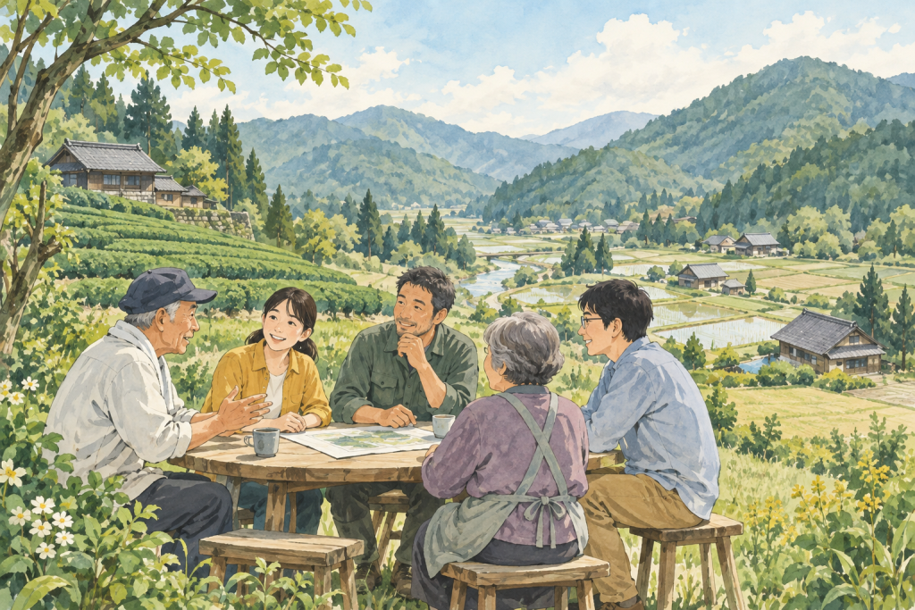 山あいの農村で、世代の異なる住民が地域の未来を話し合うイラスト